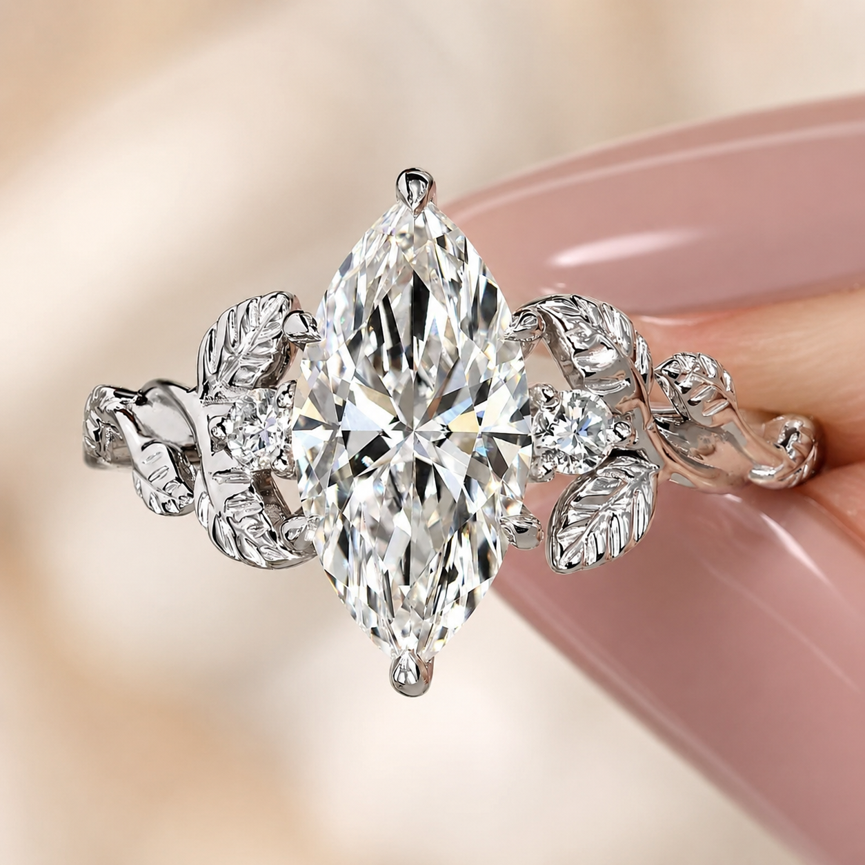 Marquise Lab Grown Diamond Engagement Ring Three Stone 14K White Gold Nature-Inspired Leaf Setting