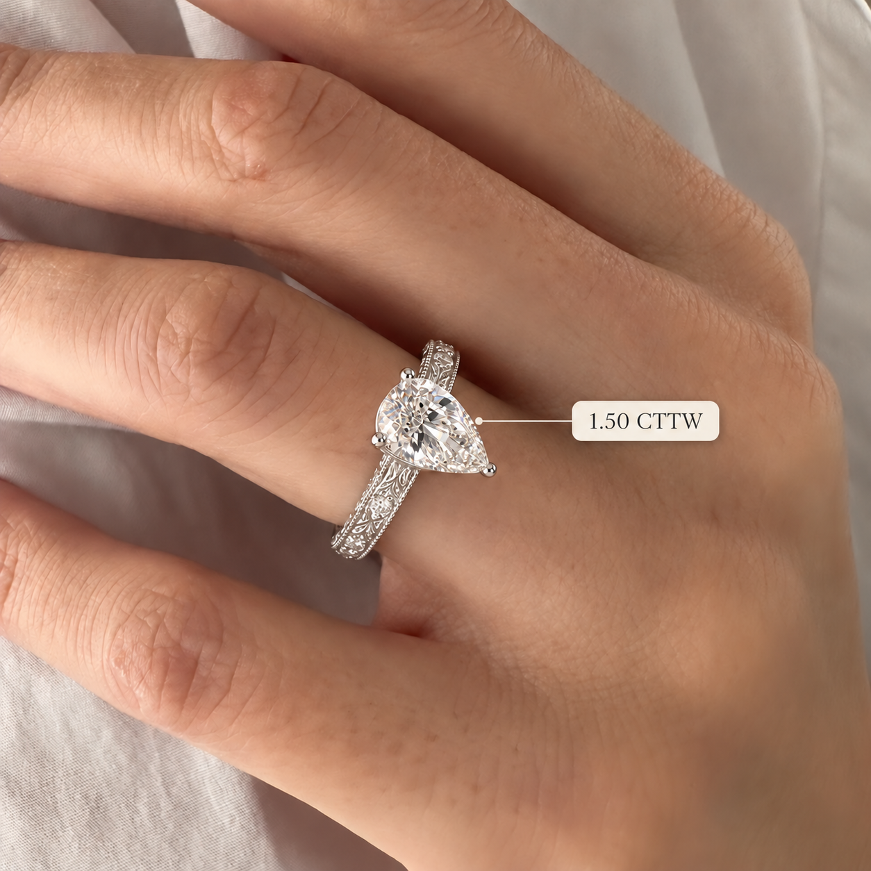Vintage Lab Grown Diamond Engagement Ring Engraved 14K White Gold E VVS2, IGI Certified
