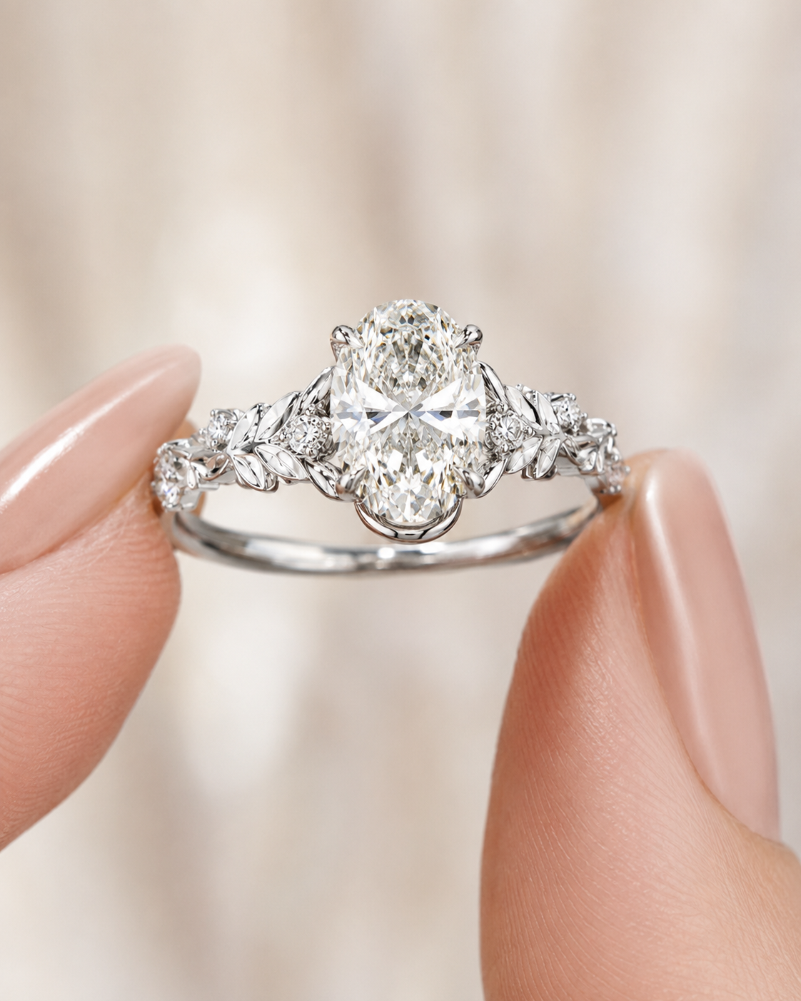 Oval Lab Grown Diamond Floral Engagement Ring in White Gold