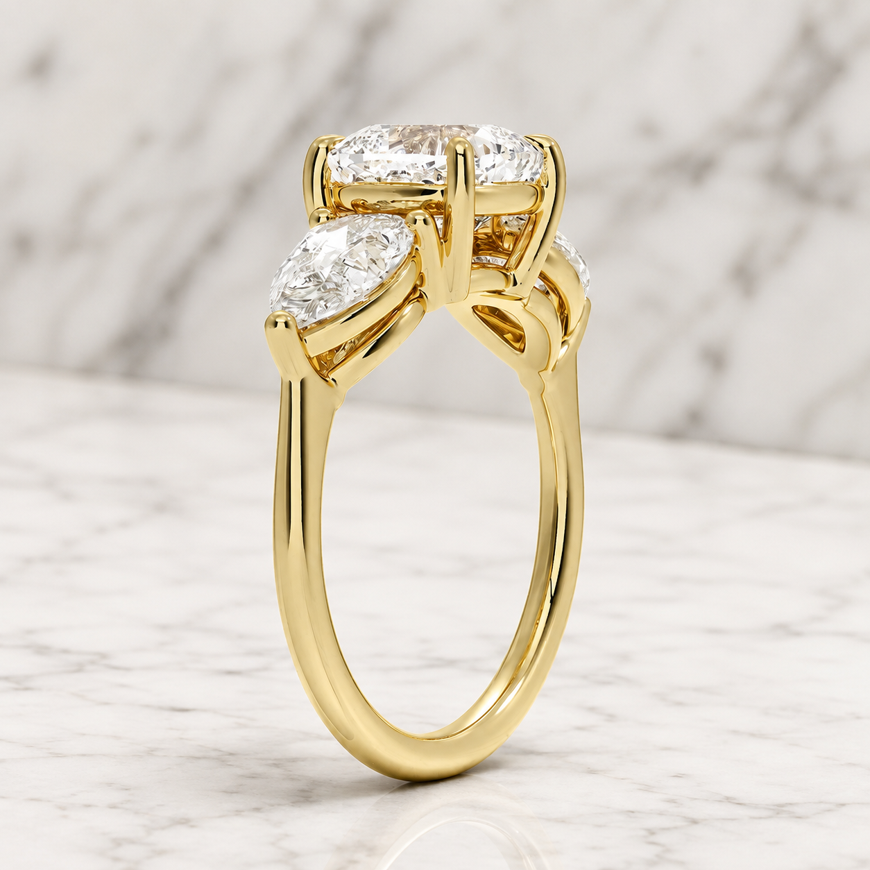 Cushion Lab Grown Diamond Engagement Ring Three Stone 14K Yellow Gold Pear Side Stones 1.3 Carat