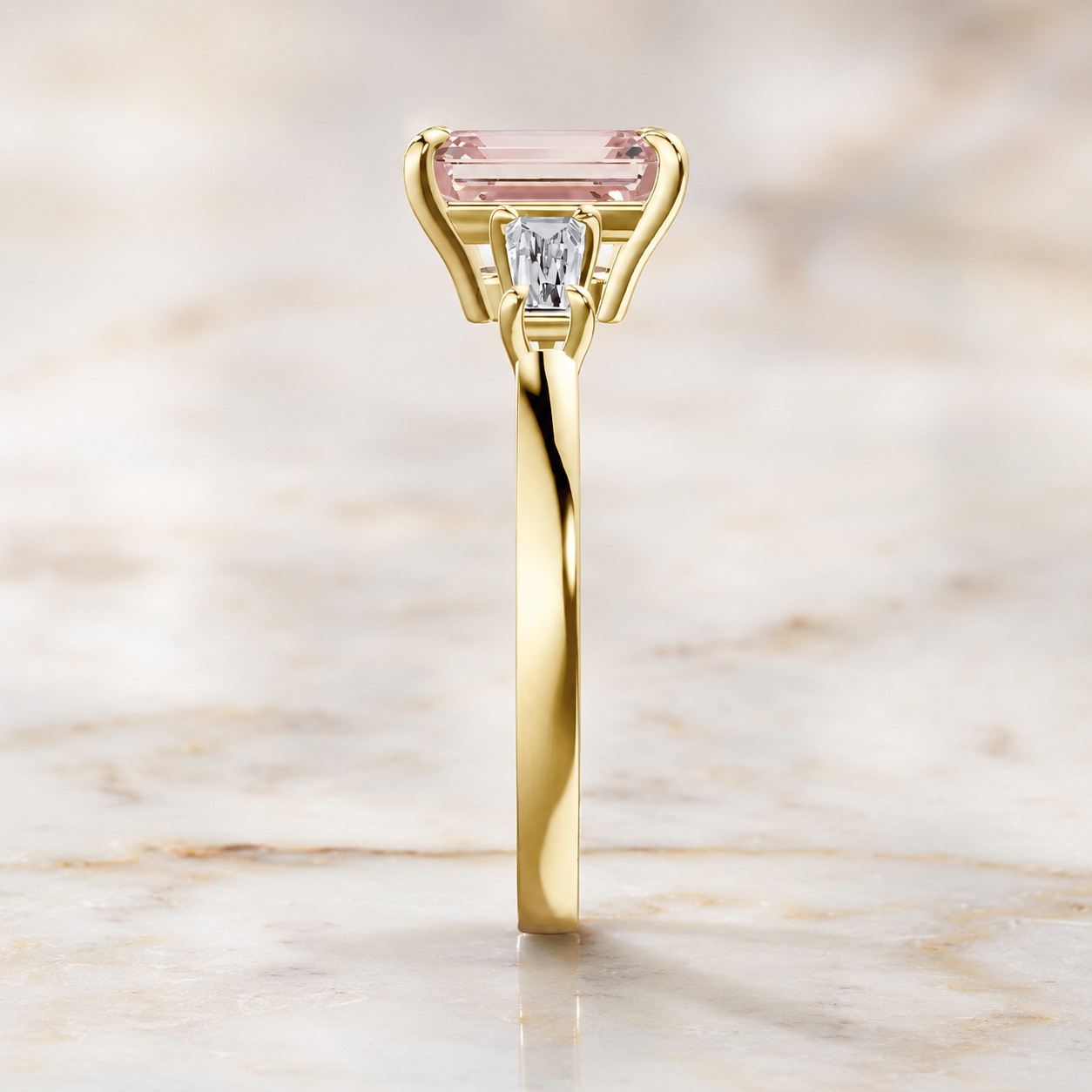 Pink Emerald Cut Lab Grown Diamond Engagement Ring Three Stone Tapered Baguette 14K Yellow Gold IGI Certified