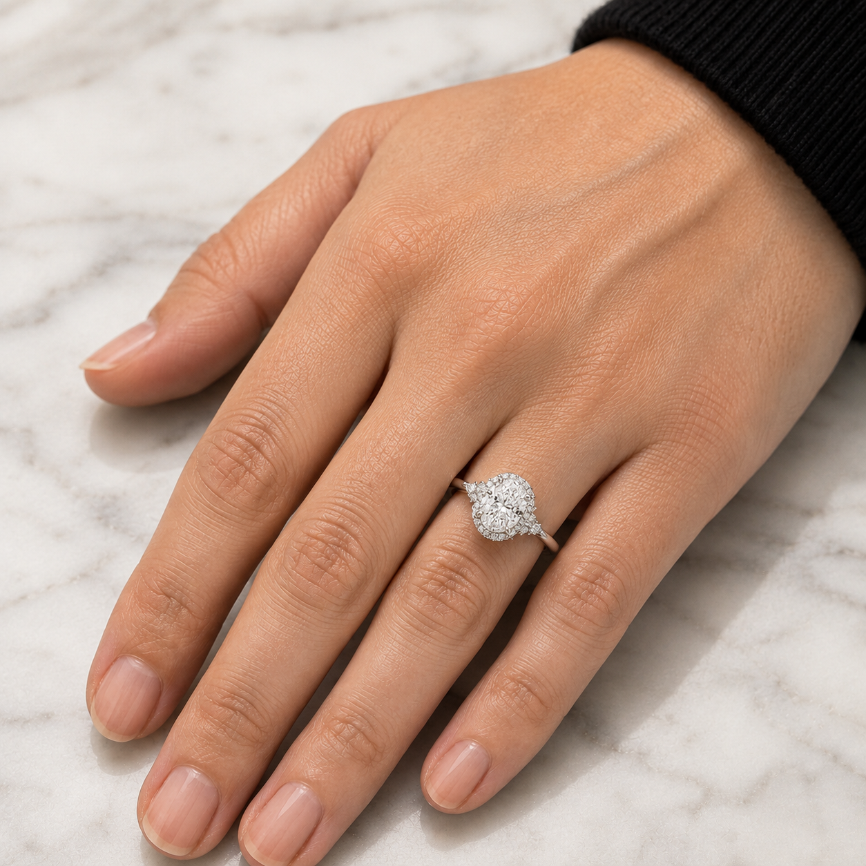 Oval Lab Grown Diamond Engagement Ring Halo with Pear Side Clusters 14K White Gold Three Stone Inspired