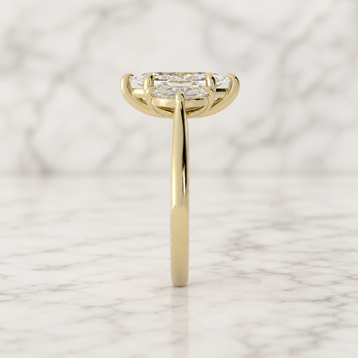 Marquise Lab Grown Diamond Engagement Ring Three Stone Basket 14K Yellow Gold Half-Moon Accents E/VVS2