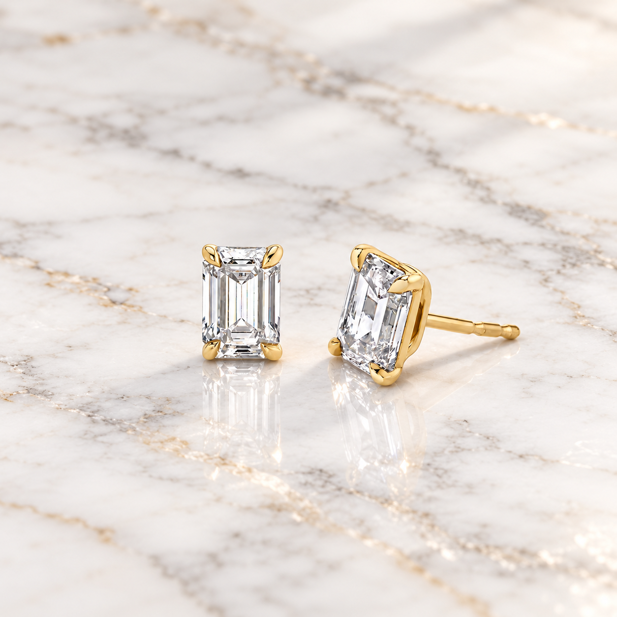 Emerald Cut Lab Grown Diamond Stud Earrings 14K Yellow Gold IGI Certified Studs