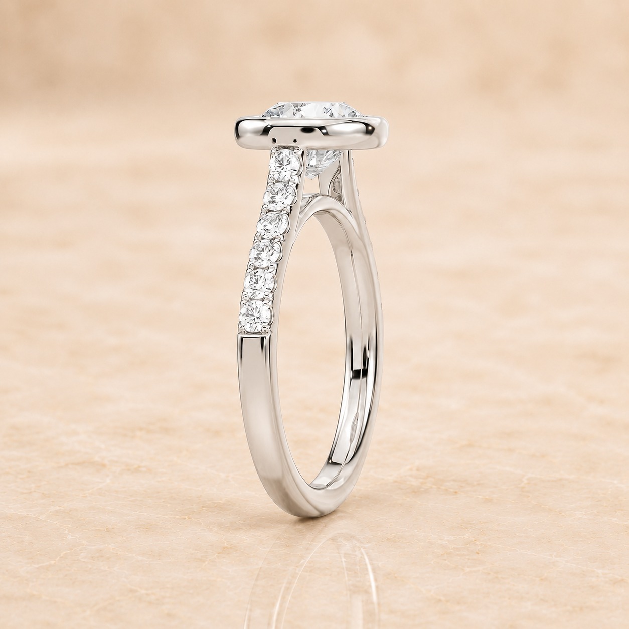 Round Lab Grown Diamond Engagement Ring Bezel Set 14K White Gold Side Stone E-VVS2