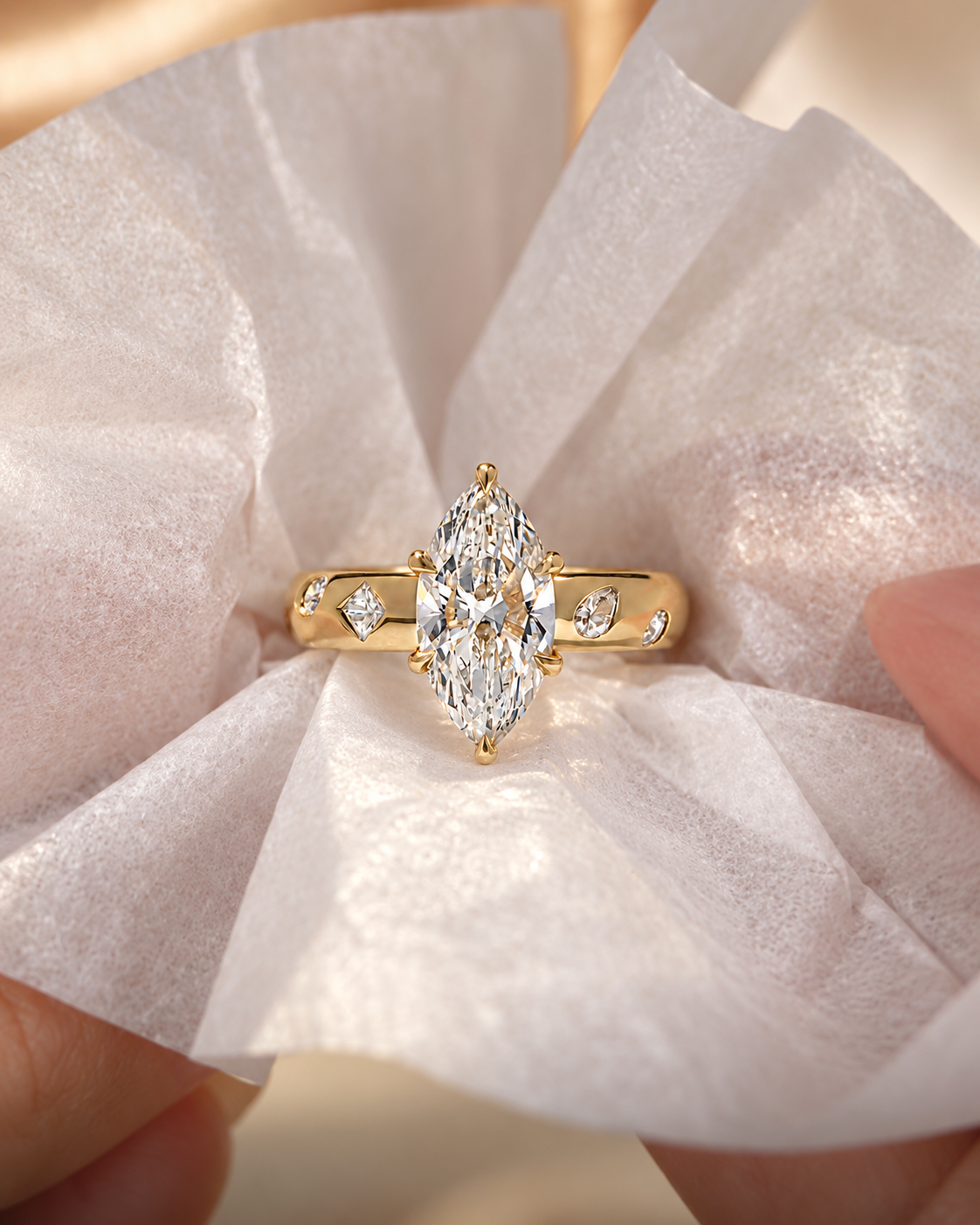 Marquise Lab Grown Diamond Engagement Ring Scattered Solitaire 14K Yellow Gold E VVS2