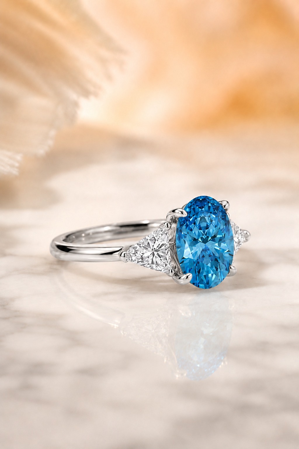 3 Ct Fancy Blue Oval Lab Grown Diamond Three-Stone Ring – 14K White Gold
