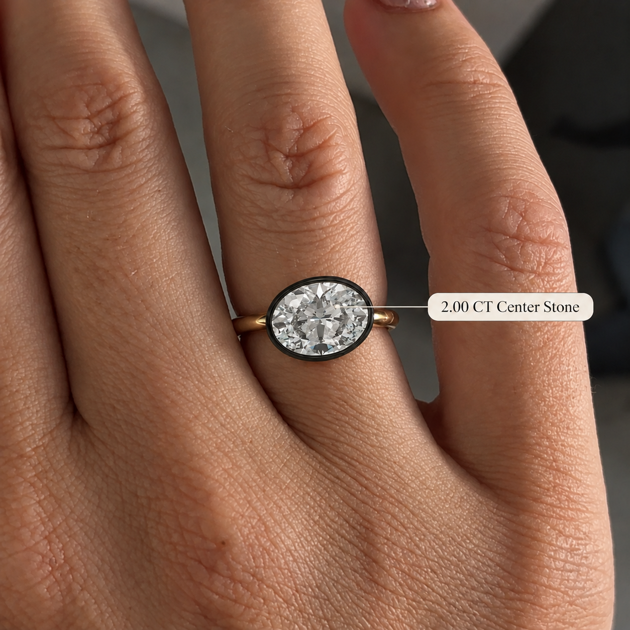 East West Oval Lab Grown Diamond Engagement Ring Blackened Bezel 14K Yellow Gold Solitaire Setting