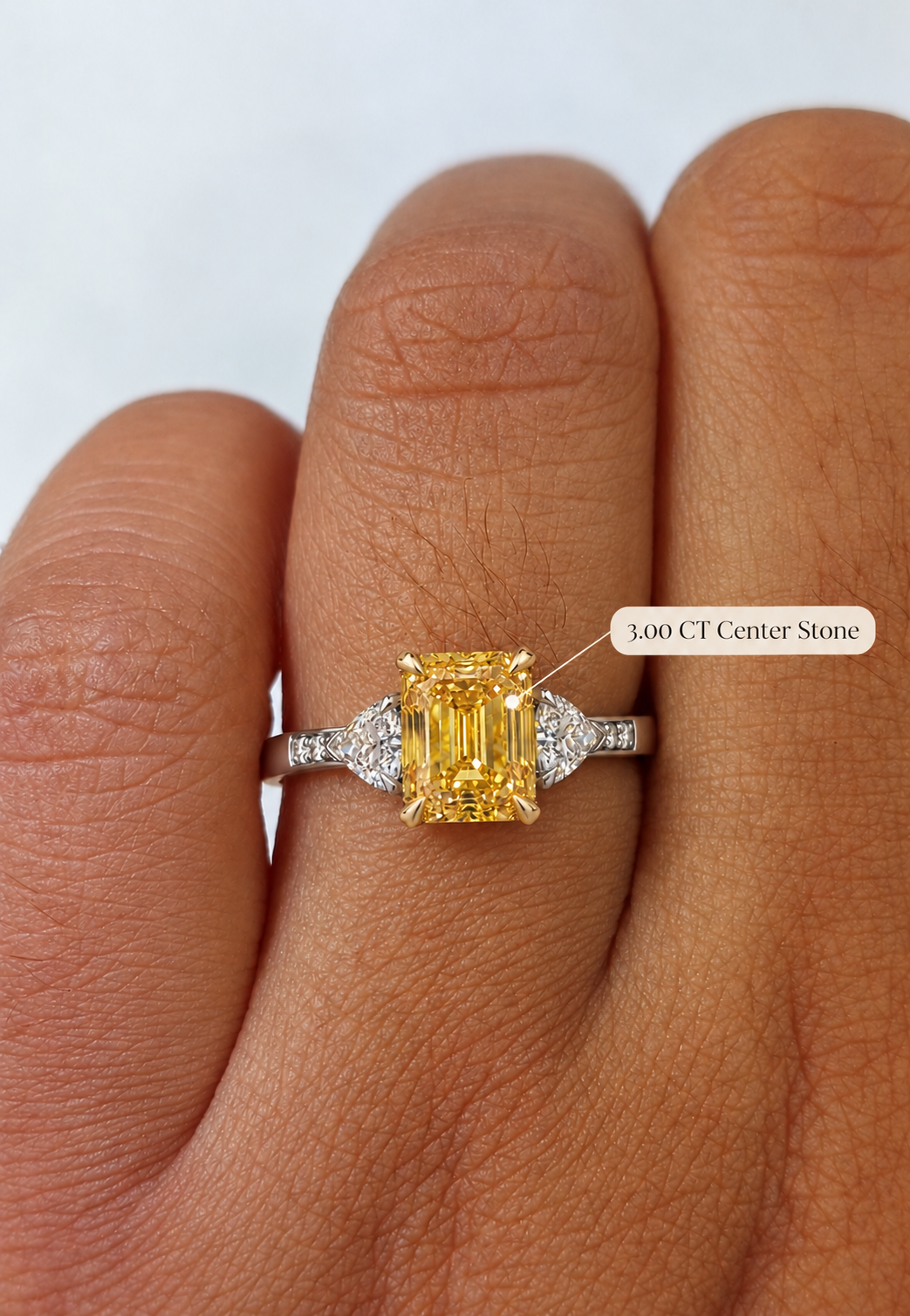 Yellow Lab Grown Diamond Engagement Ring Emerald Cut Three Stone Platinum IGI Certified Fancy Yellow