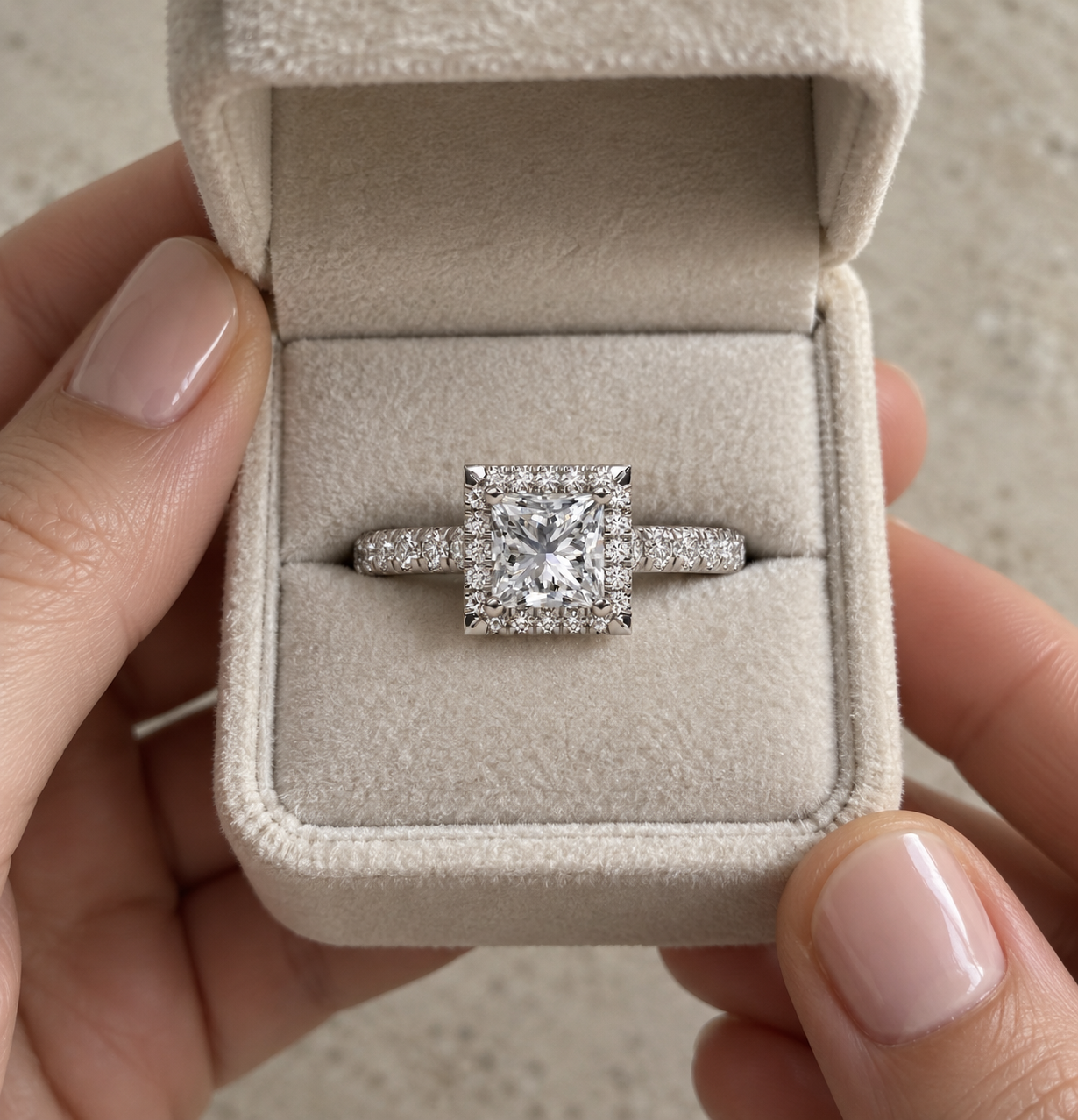 Princess Lab Grown Diamond Engagement Ring Cathedral Halo 14K White Gold Pave Band