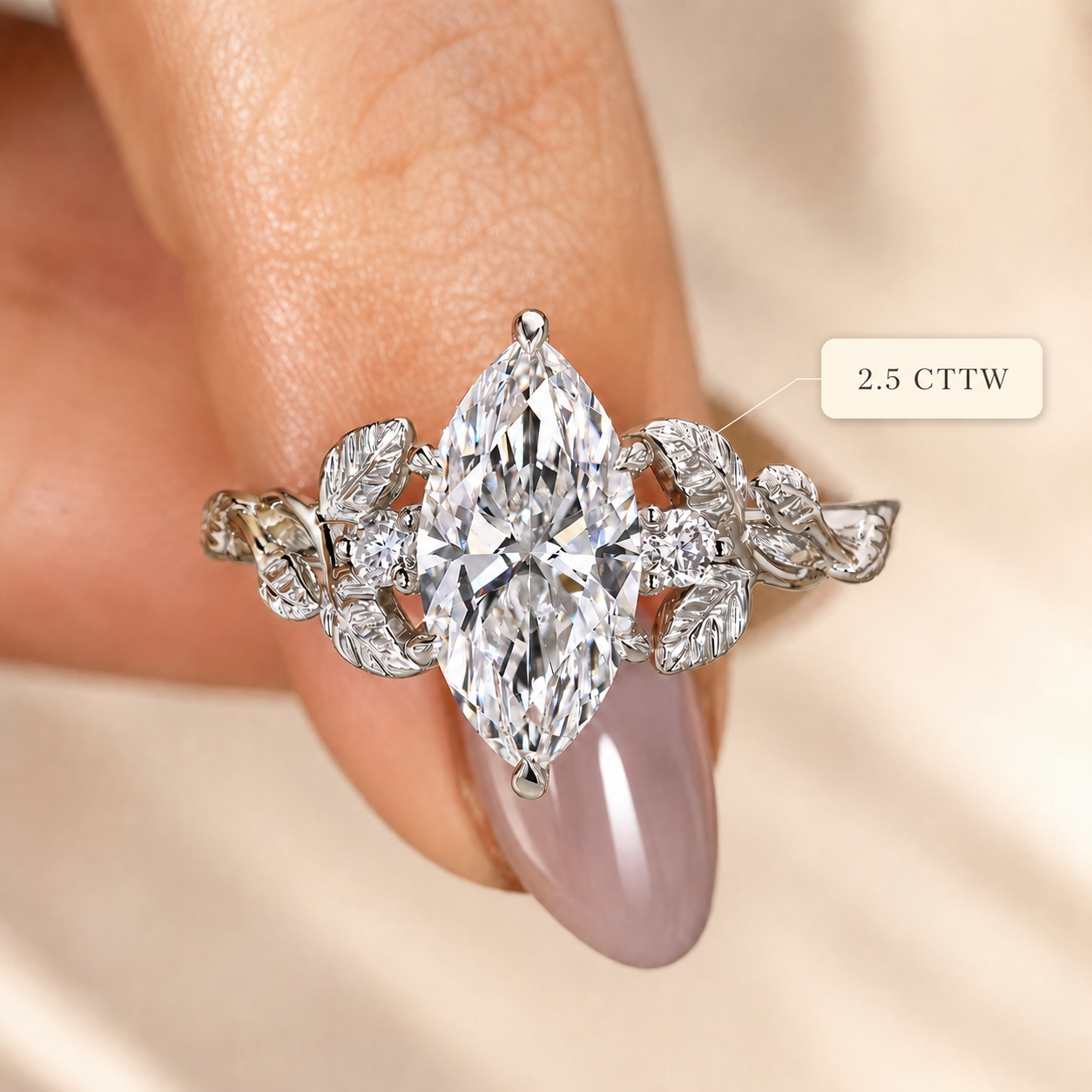 Marquise Lab Grown Diamond Engagement Ring Three Stone 14K White Gold Nature-Inspired Leaf Setting