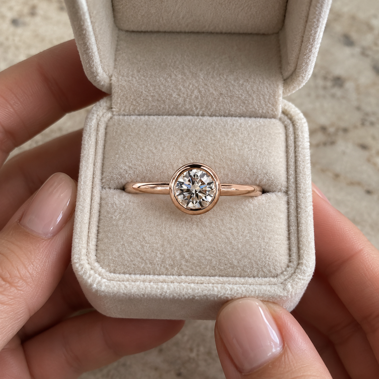 Round Lab Grown Diamond Engagement Ring Bezel Solitaire 14K Rose Gold IGI Certified E VVS2
