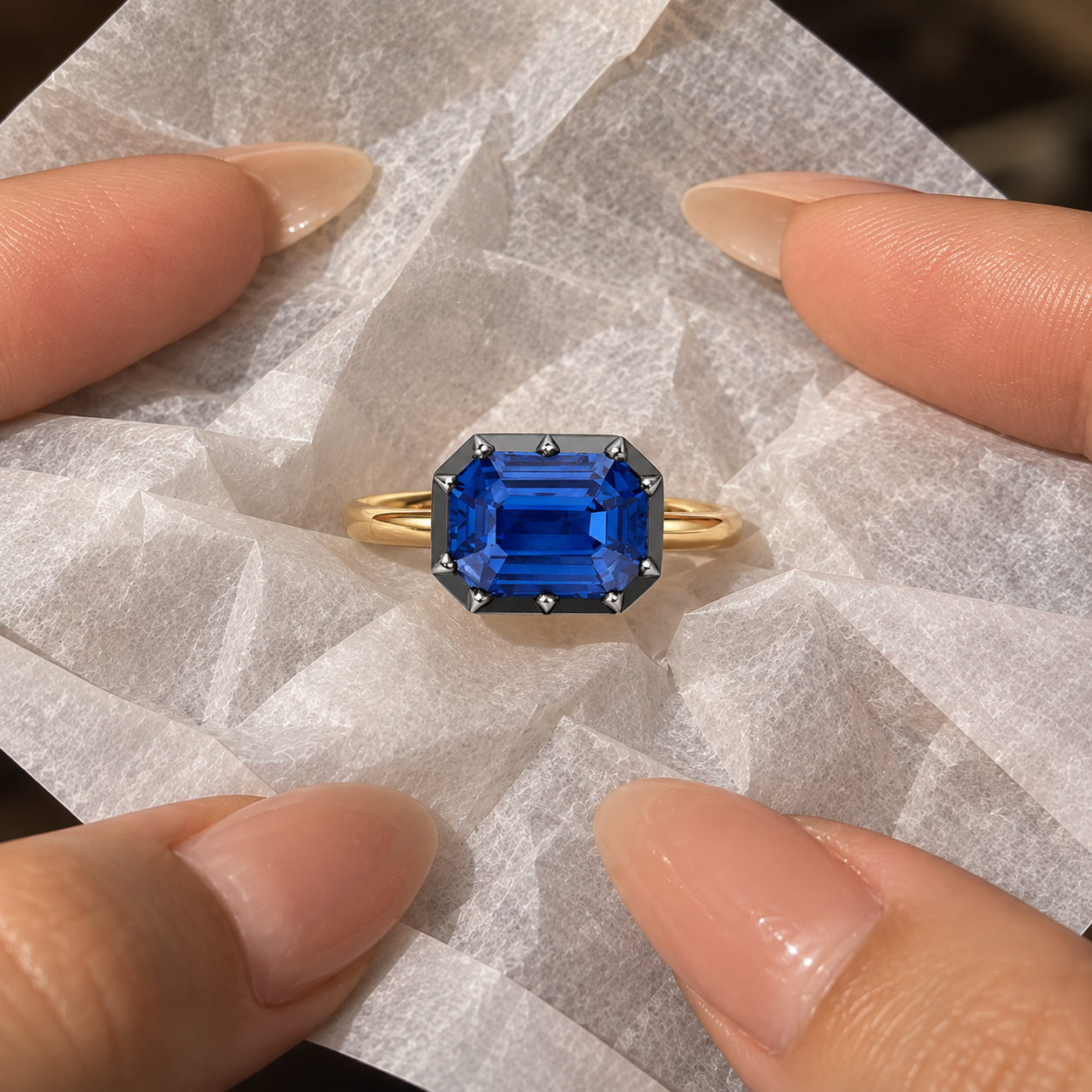 Blue Emerald Cut Sapphire East-West Ring Button Back 18K Yellow Gold Solitaire