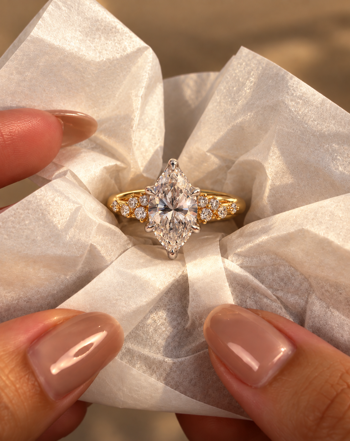 Marquise Lab Grown Diamond Engagement Ring Cluster Two Tone 14K Yellow Gold IGI Certified