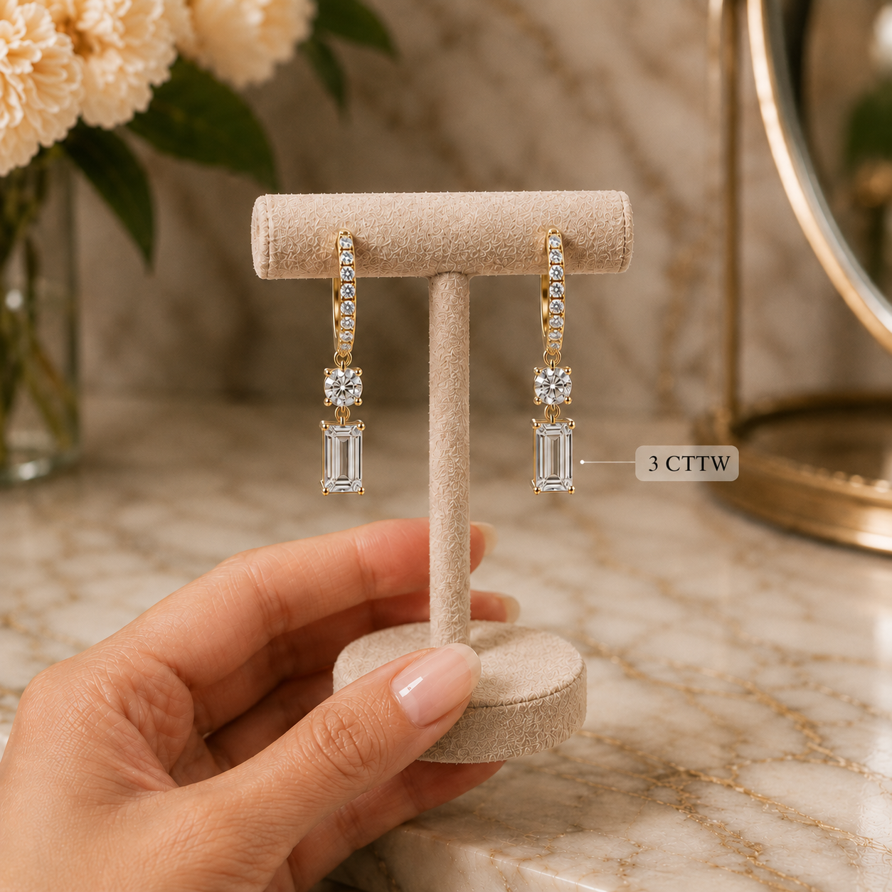 Emerald & Round Lab Grown Diamond Drop Earrings Pavé 18K Gold Dangle Design