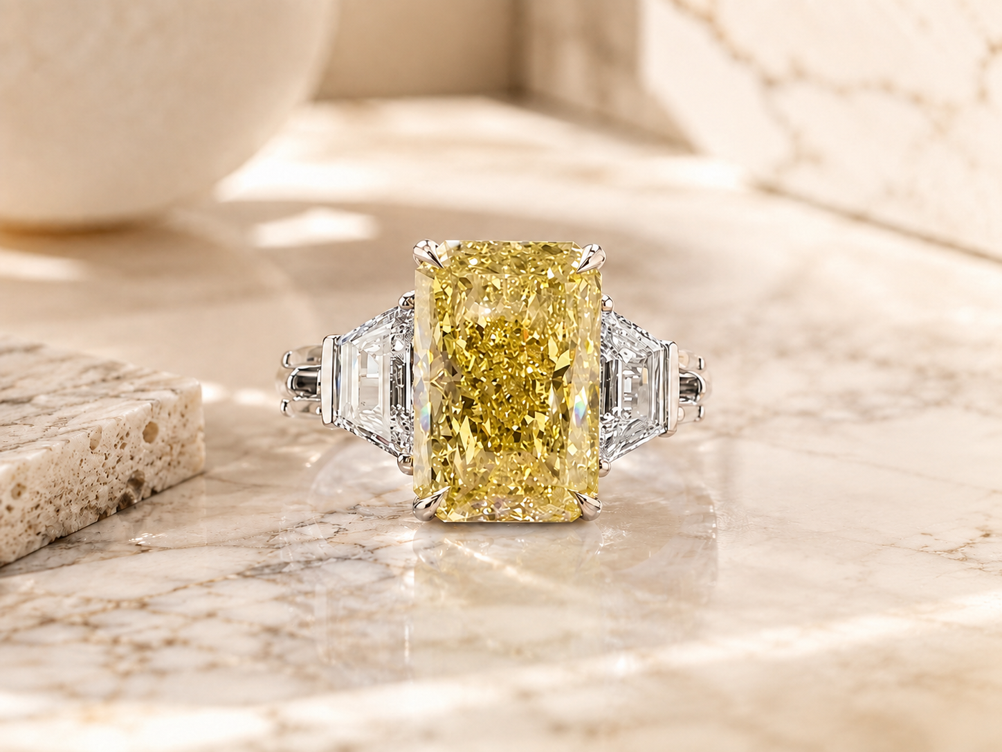 Fancy Yellow Radiant Lab Grown Diamond Engagement Ring Three Stone 14K White Gold Trapezoid Side Stones