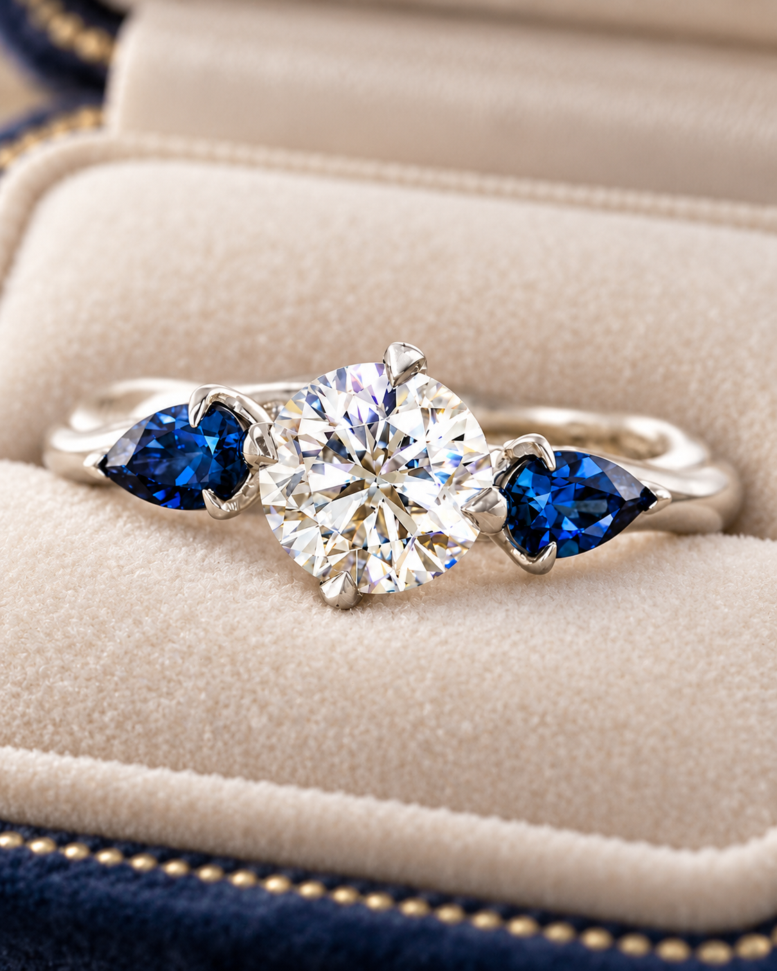 Round Lab Grown Diamond Engagement Ring Three Stone Pear Sapphire 14K White Gold E VVS2 Nature-Inspired