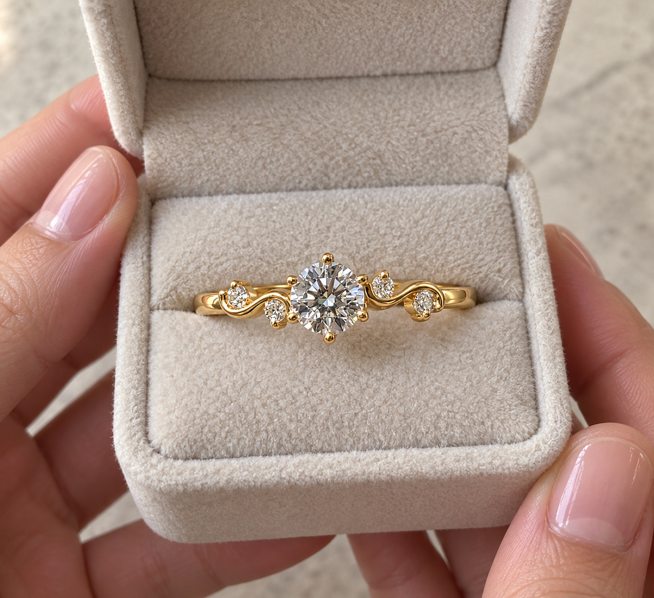 Round Lab Grown Diamond Engagement Ring Five Stone Vine 14K Yellow Gold IGI Certified