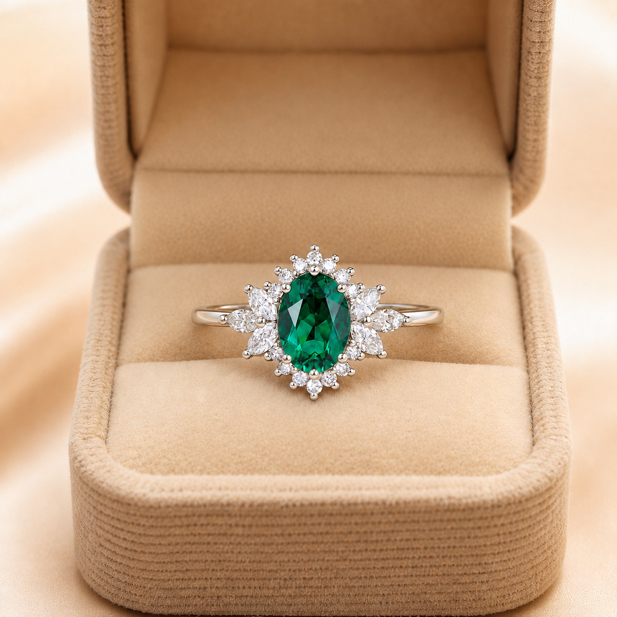 Oval Emerald Lab Grown Diamond Engagement Ring Halo 14K Gold Green Gemstone Bridal Ring