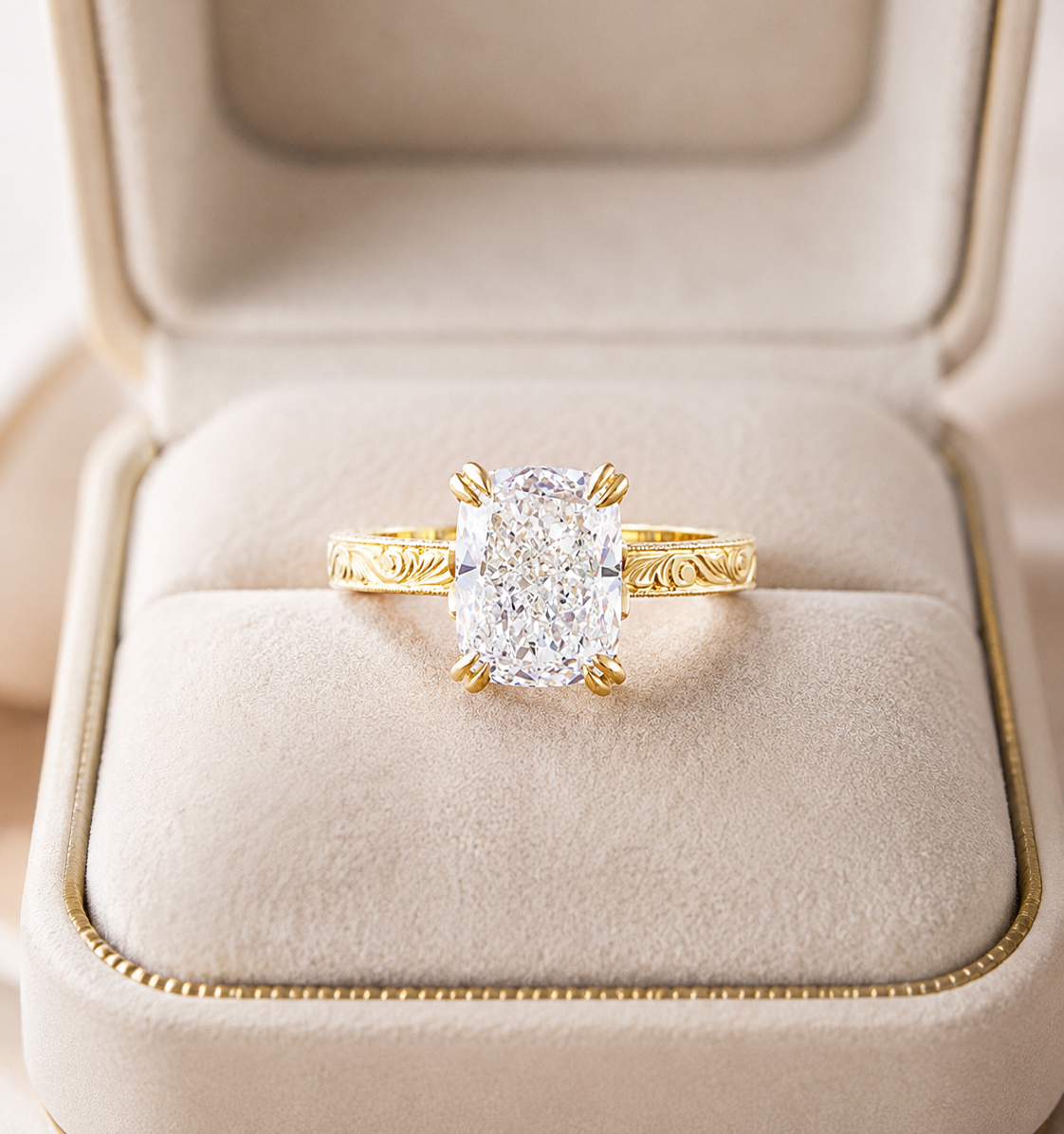 Cushion Lab Grown Diamond Engagement Ring Vintage Solitaire 14K Yellow Gold – Hand-Engraved Floral Band