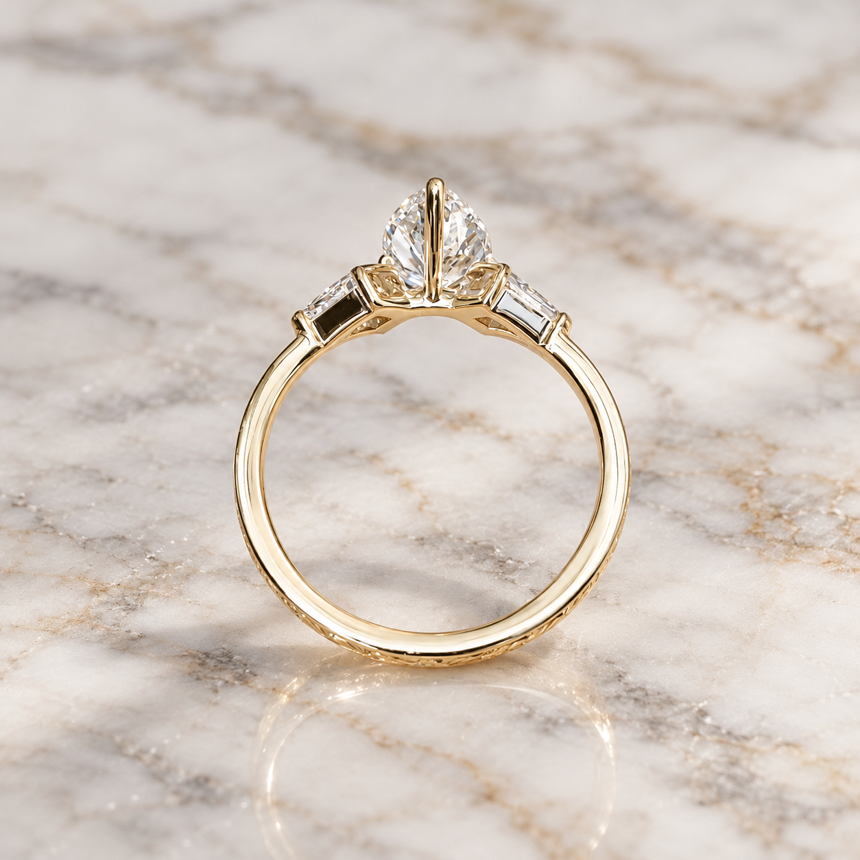 Pear Lab Grown Diamond Engagement Ring Three Stone Kite Side 14K Yellow Gold IGI Certified