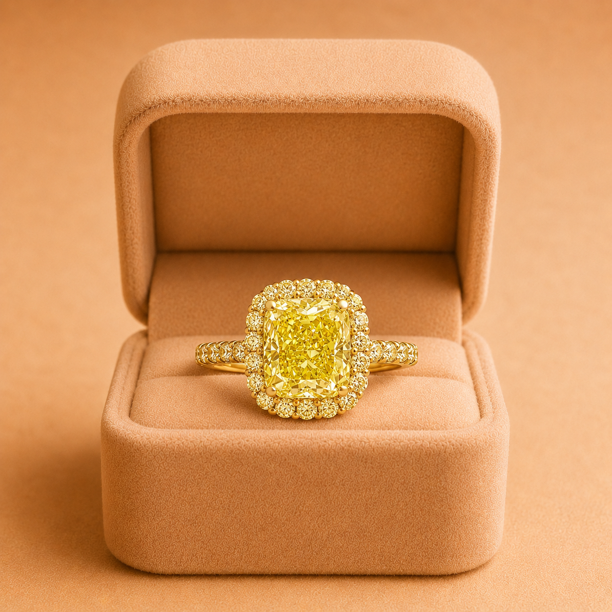 Fancy Yellow Radiant Lab Grown Diamond Engagement Ring Halo Pavé 14K Yellow Gold IGI Certified 2 Carat