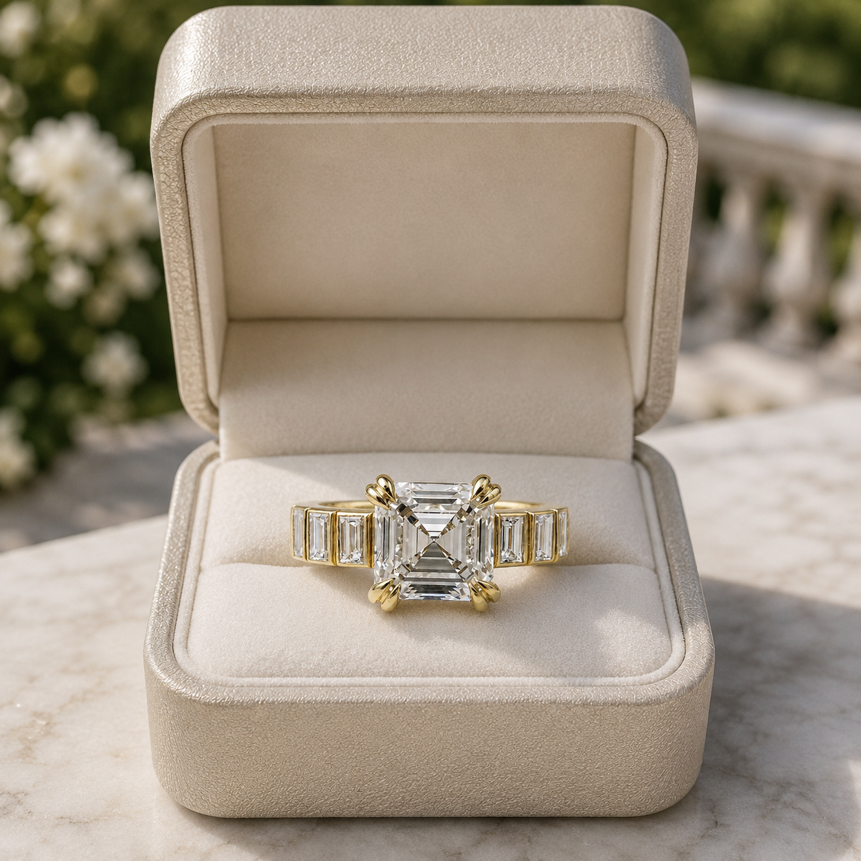 Asscher Cut Lab Grown Diamond Engagement Ring Channel-Set Baguette 14K Yellow Gold VVS2 E Clarity