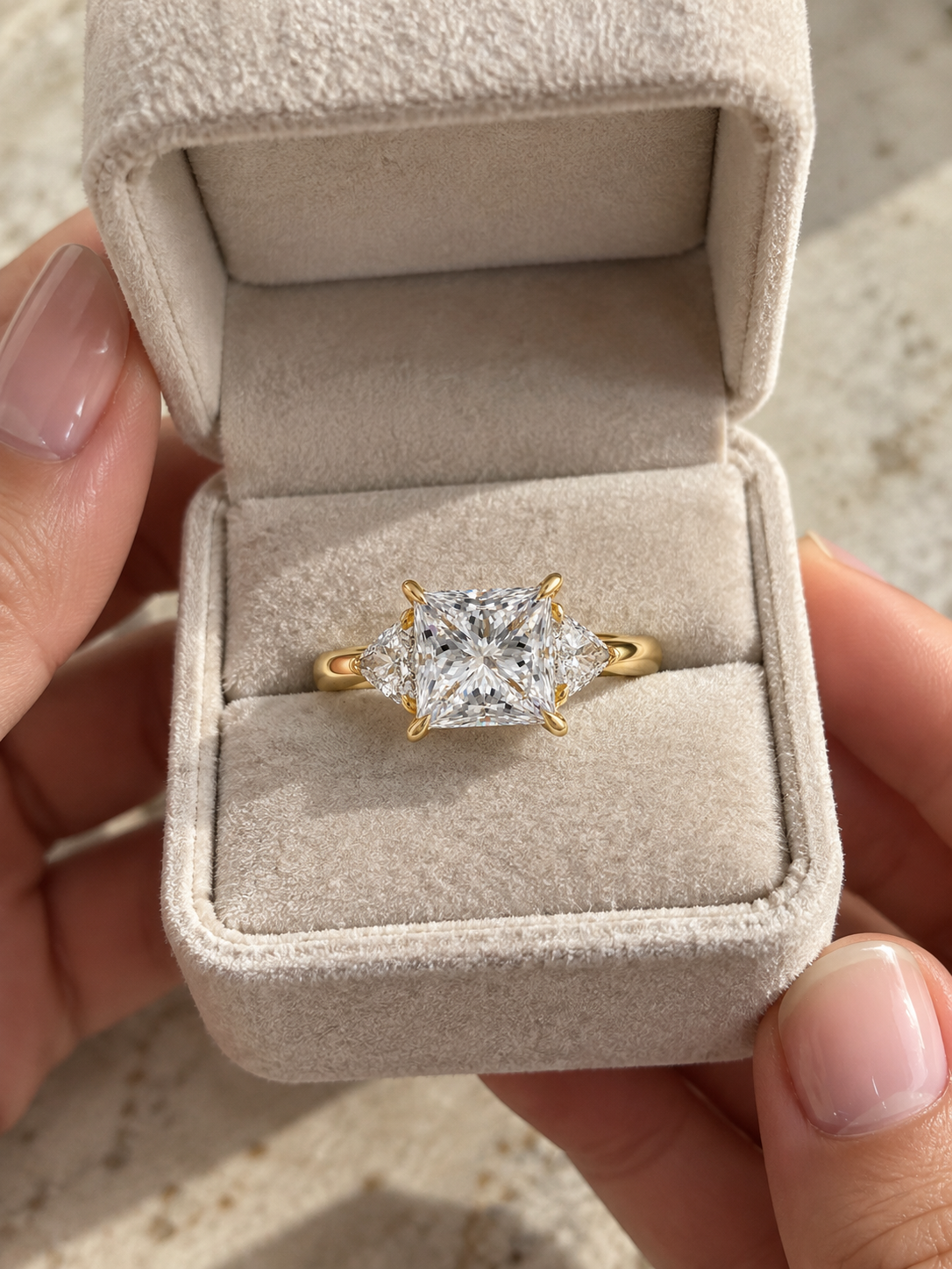 Princess Cut Lab Grown Diamond Engagement Ring Three Stone Trillion 14K Gold IGI Certified E VVS2