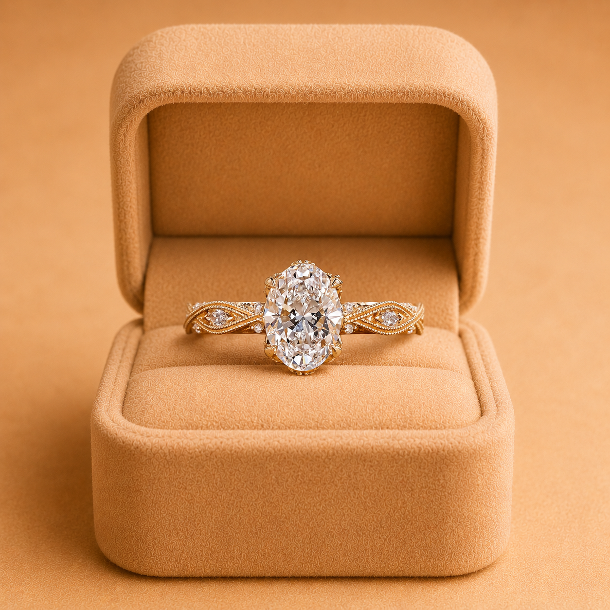 Oval Lab Grown Diamond Engagement Ring Vintage Hidden Halo 14K Yellow Gold IGI Certified 4 Carat