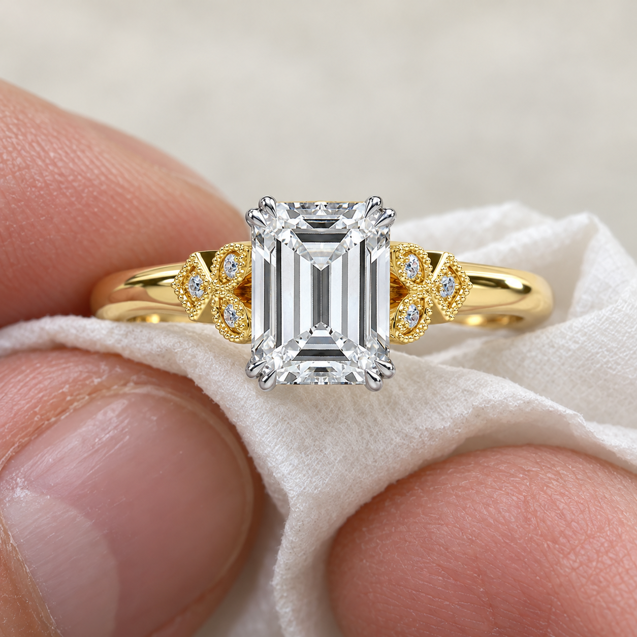 Emerald Cut Lab Grown Diamond Engagement Ring Vintage Milgrain 14K Two Tone Gold Accent Diamond Shoulders