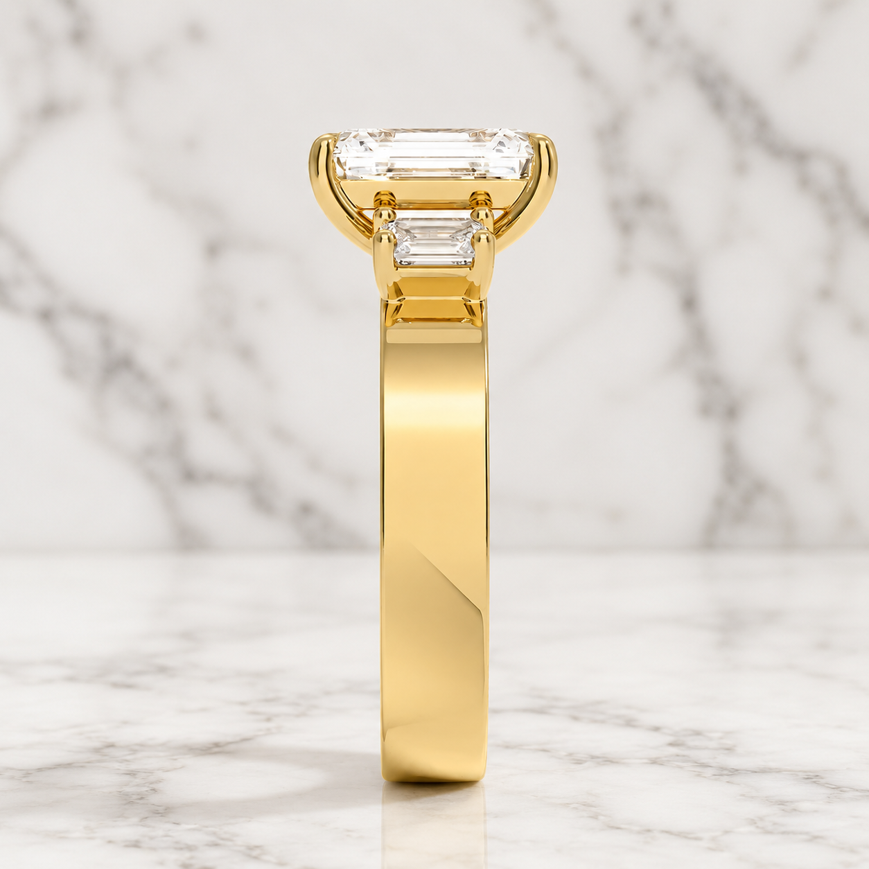 Emerald Cut Lab Grown Diamond Engagement Ring Three Stone 14K Yellow Gold 