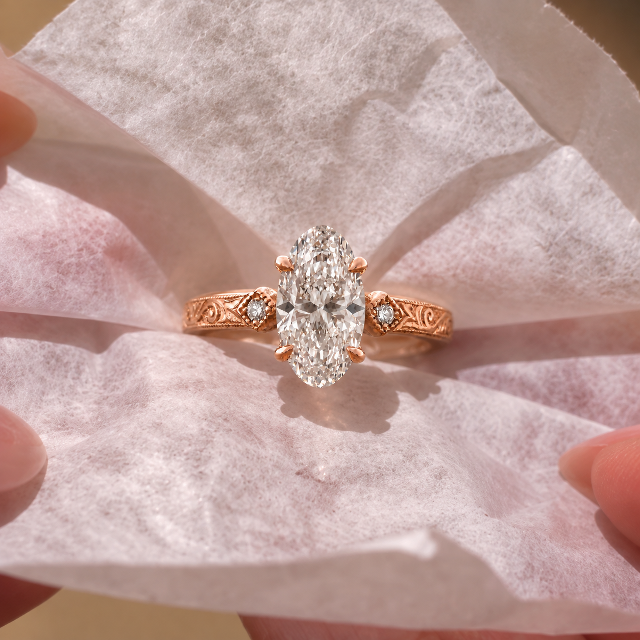 Moval Lab-Grown Diamond Engagement Ring: 14K Rose Gold, Hand-Engraved Vintage Style (IGI Certified)
