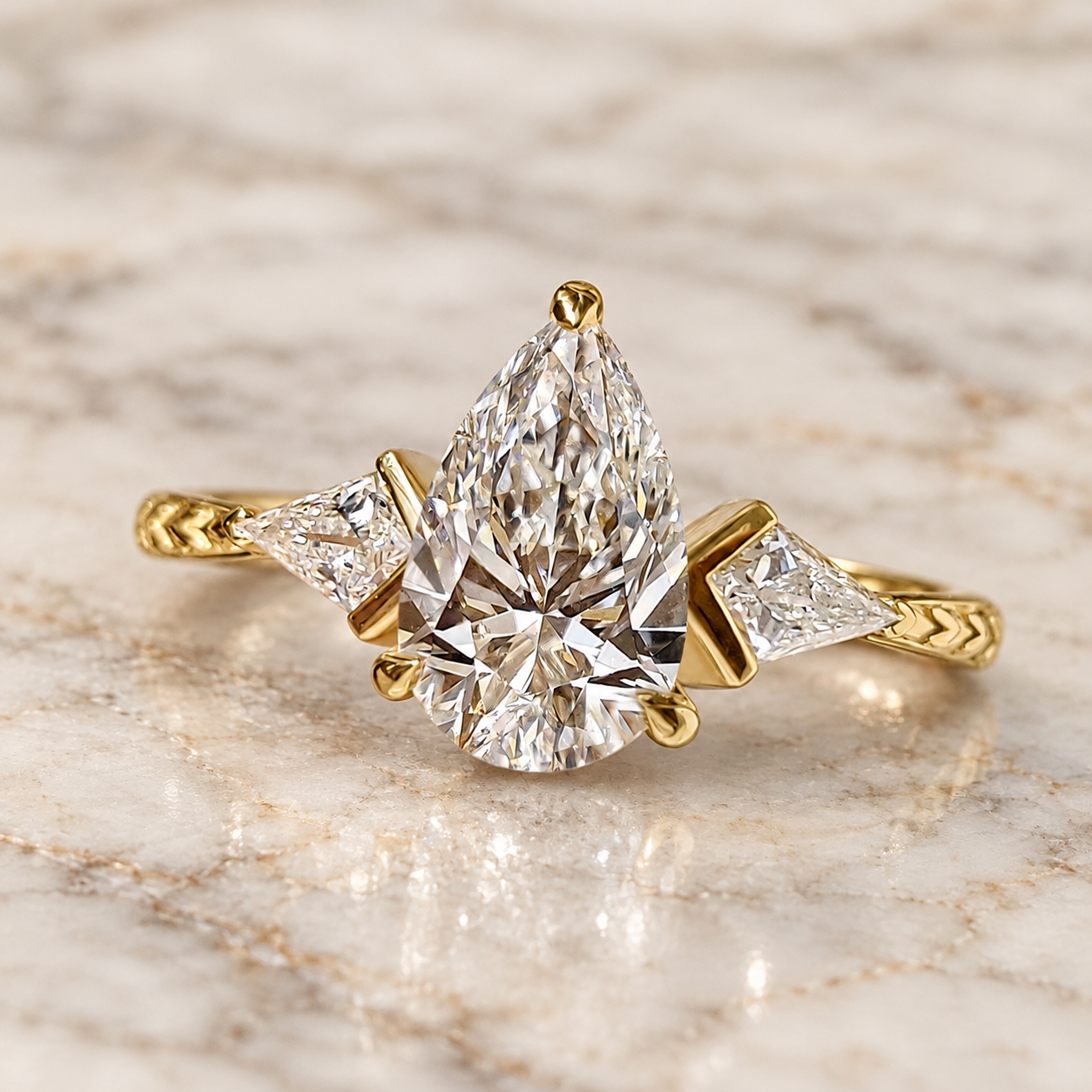 Pear Lab Grown Diamond Engagement Ring Three Stone Kite Side 14K Yellow Gold IGI Certified