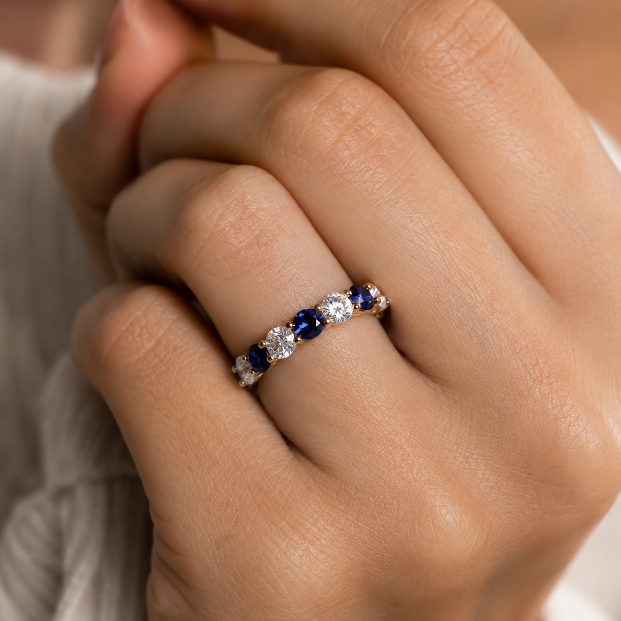 4Ct Round Lab Grown Diamond & Blue Sapphire Eternity Band – 14K Gold, IGI — view 2