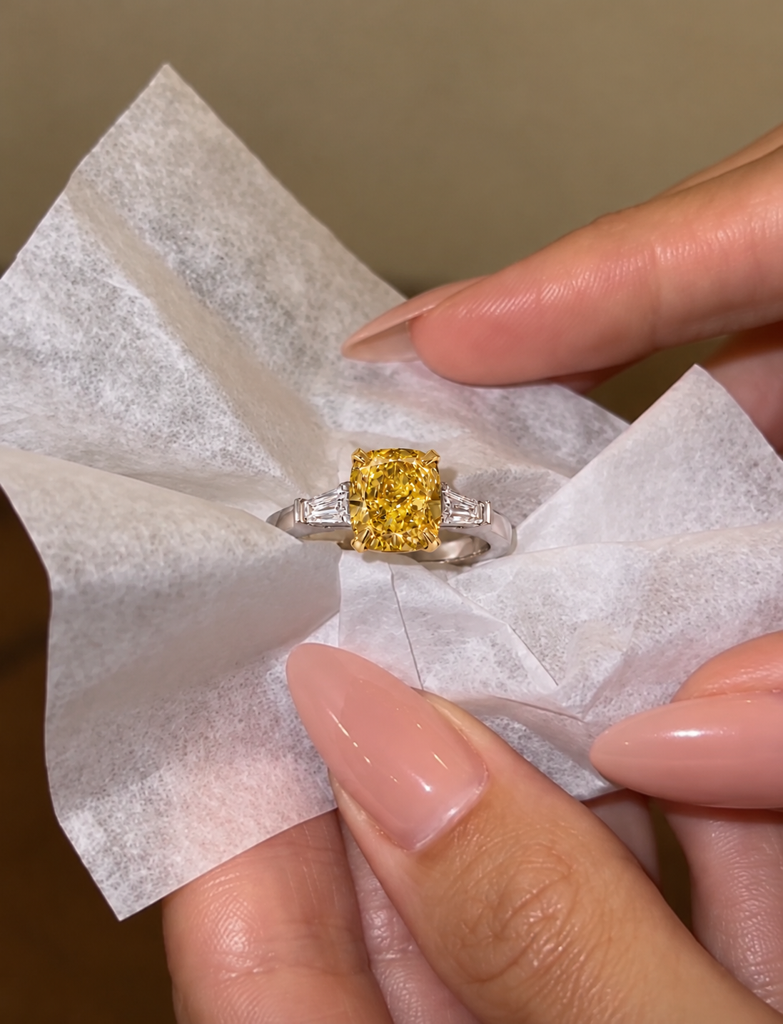 Cushion Cut Yellow Lab Grown Diamond Engagement Ring Three Stone Platinum & Yellow Gold Tapered Baguette Sides