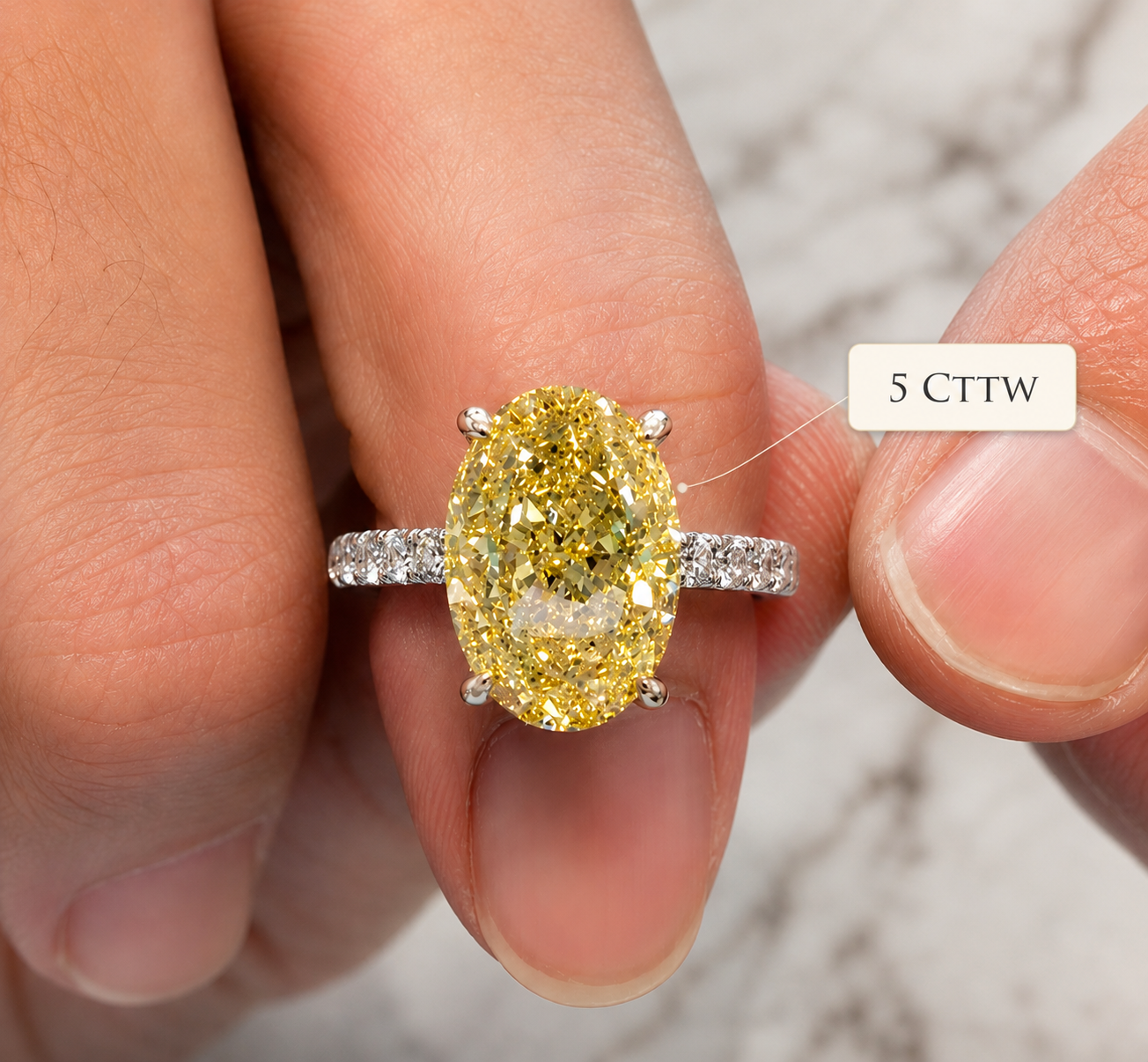 Fancy Yellow Oval Lab Grown Diamond Engagement Ring Four-Prong Solitaire 14K White Gold Pavé Band