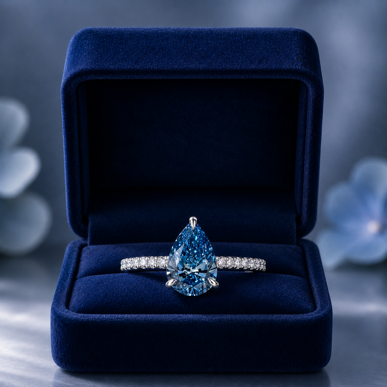 Fancy Blue Pear Lab Grown Diamond Engagement Ring Pavé 14K White Gold  IGI Certified 1.02 Carat