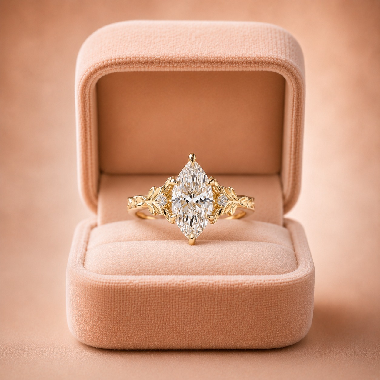3.02ct Marquise Lab Grown Diamond Engagement Ring – 14K Yellow Gold Floral Leaf Setting