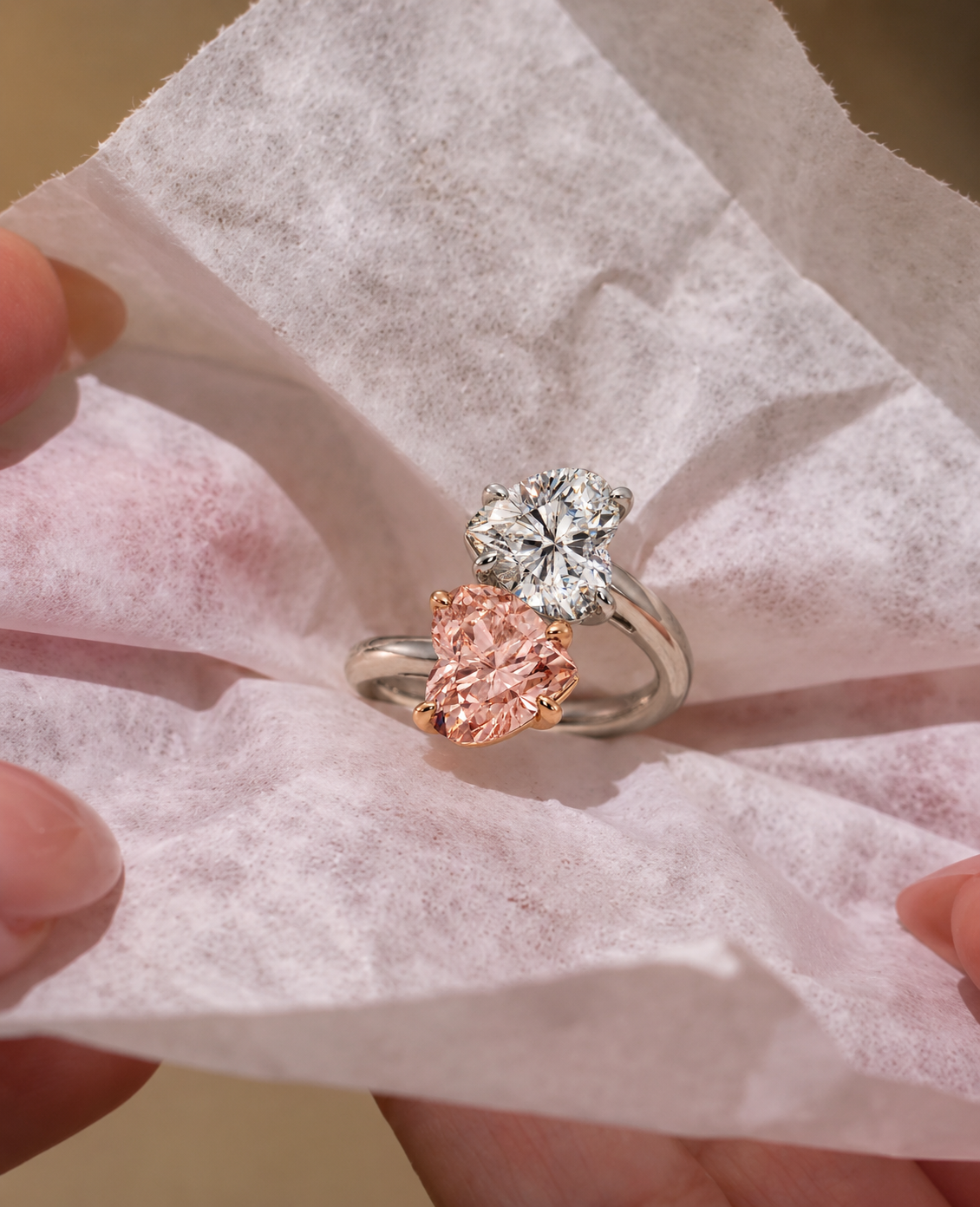 Toi et Moi Lab Grown Diamond Engagement Ring Fancy Pink & White Heart Bypass 14K Two Tone Gold IGI Certified