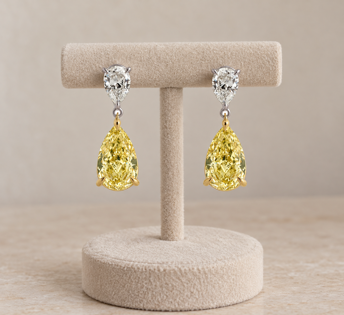 Fancy Yellow Pear Lab Grown Diamond Drop Earrings Two Stone 14K Two-Tone Gold Dangle Earrings