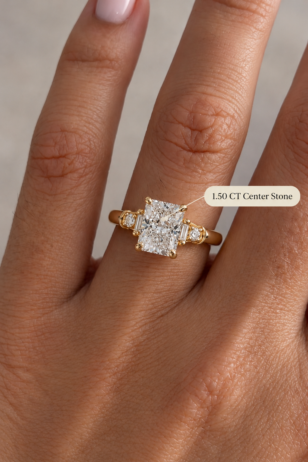 Radiant Lab Grown Diamond Engagement Ring Five Stone Art Deco 18K Yellow Gold IGI Certified