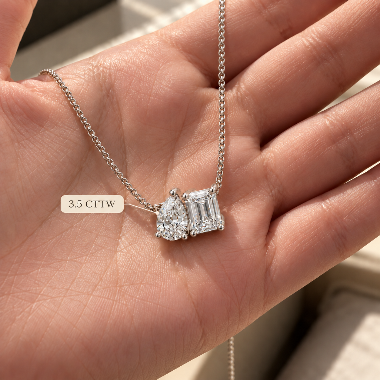 Toi et Moi Lab Diamond Pendant: Pear & Emerald Cut, 14K White Gold Necklace