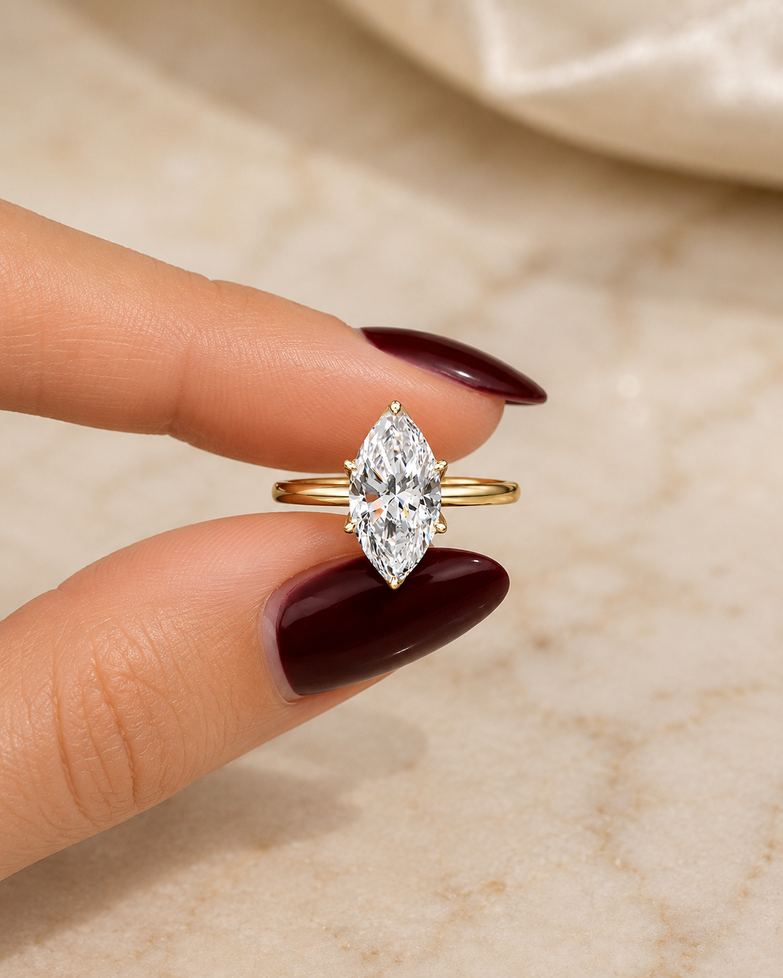 Marquise Lab Grown Diamond Engagement Ring Solitaire 14K Yellow Gold – Six Floral Prong 1ct E VVS2