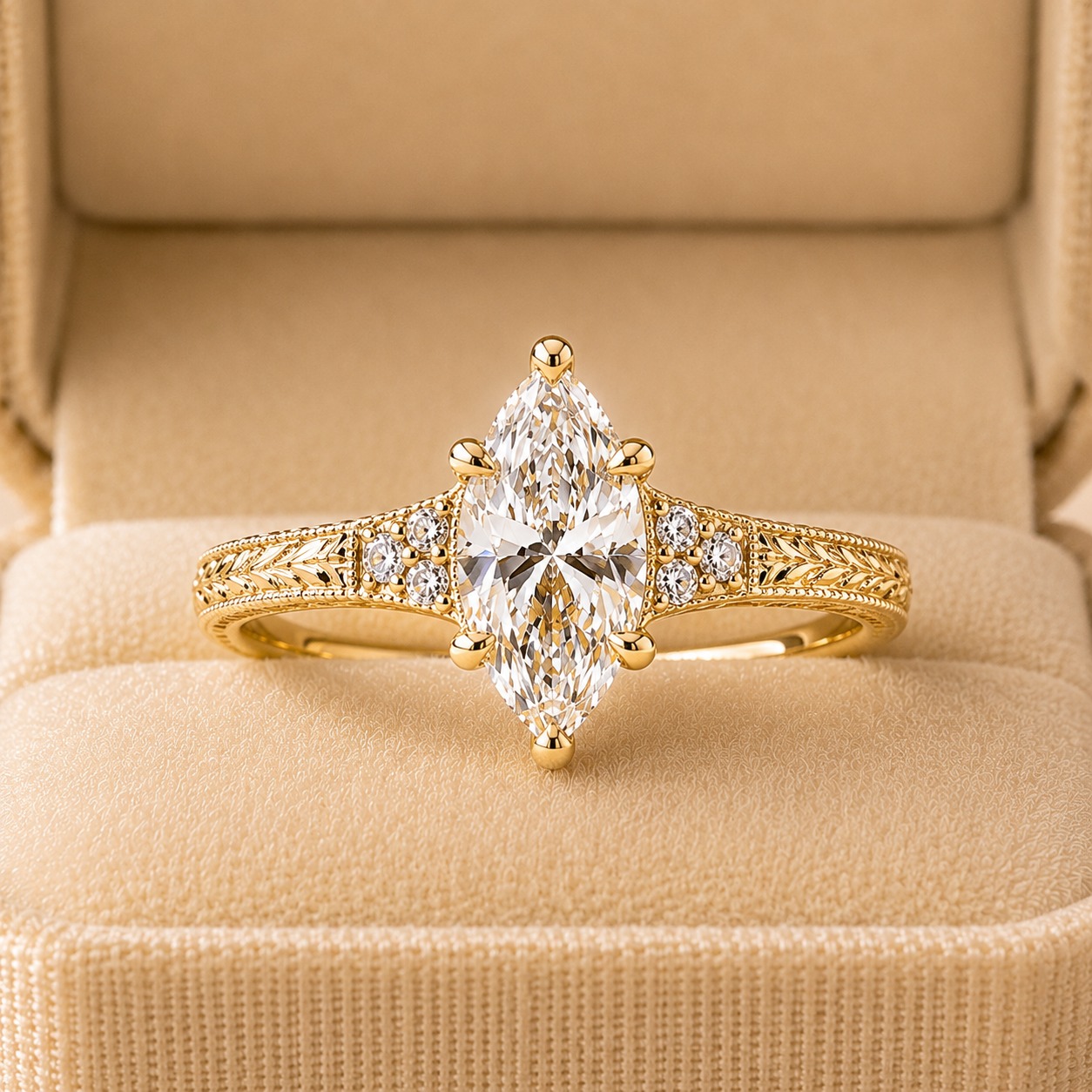 1Ct Marquise Lab Grown Diamond Engagement Ring – IGI Certified, 14K Yellow Gold