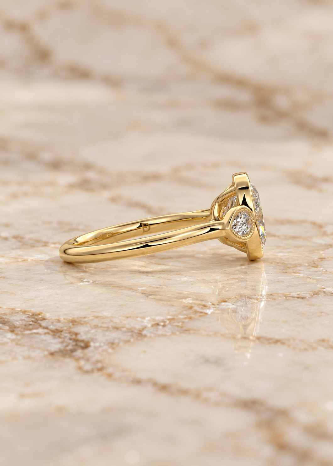 Cushion Lab Grown Diamond Engagement Ring Three Stone Pear Accent 14K Rose Gold Bezel Milgrain Setting