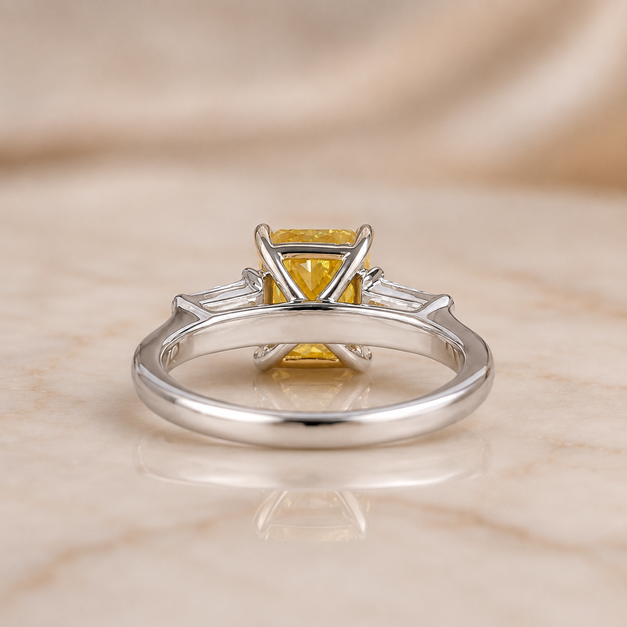 Vivid Yellow Radiant Lab Grown Diamond Engagement Ring Three Stone Baguette 14K White Gold IGI Certified 2ct