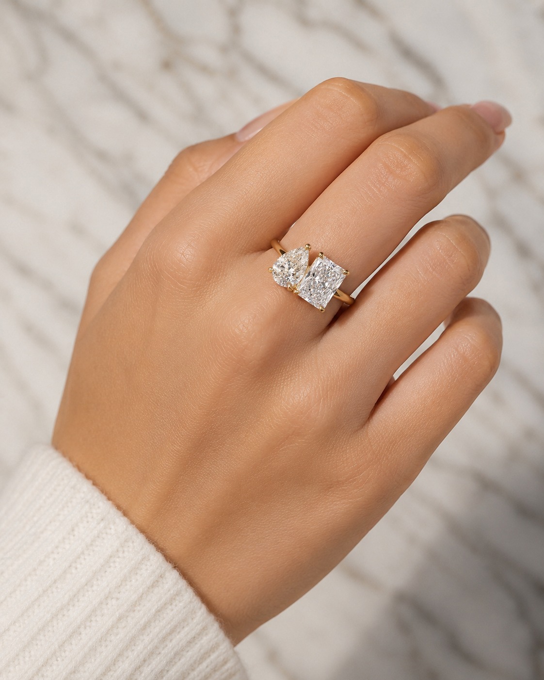 Pear & Radiant Lab Grown Diamond Toi et Moi Engagement Ring Two Stone 14K Yellow Gold Claw Prong, IGI Certified