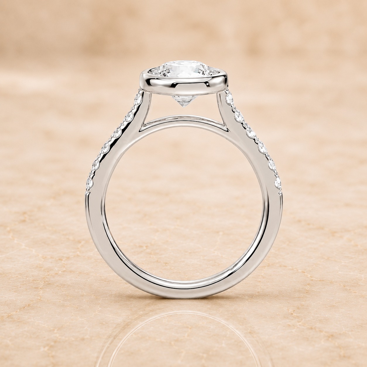 Round Lab Grown Diamond Engagement Ring Bezel Set 14K White Gold Side Stone E-VVS2