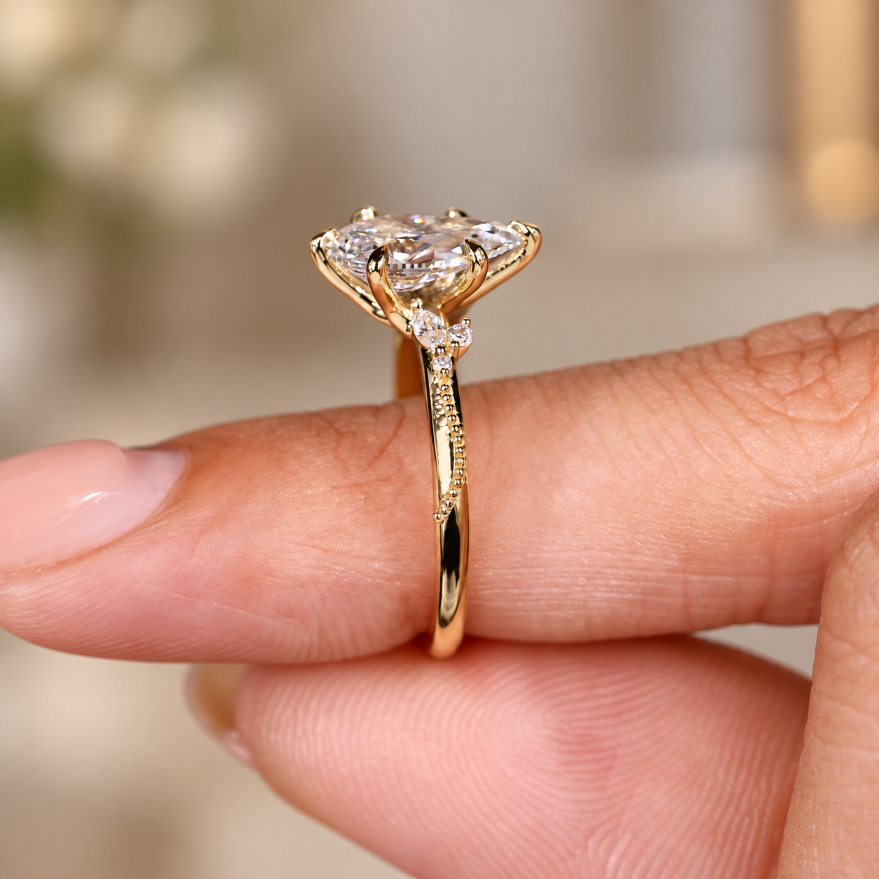 Pear Lab Grown Diamond Engagement Ring Vintage Side Stone 14K Yellow Gold IGI Certified 1.5 Carat