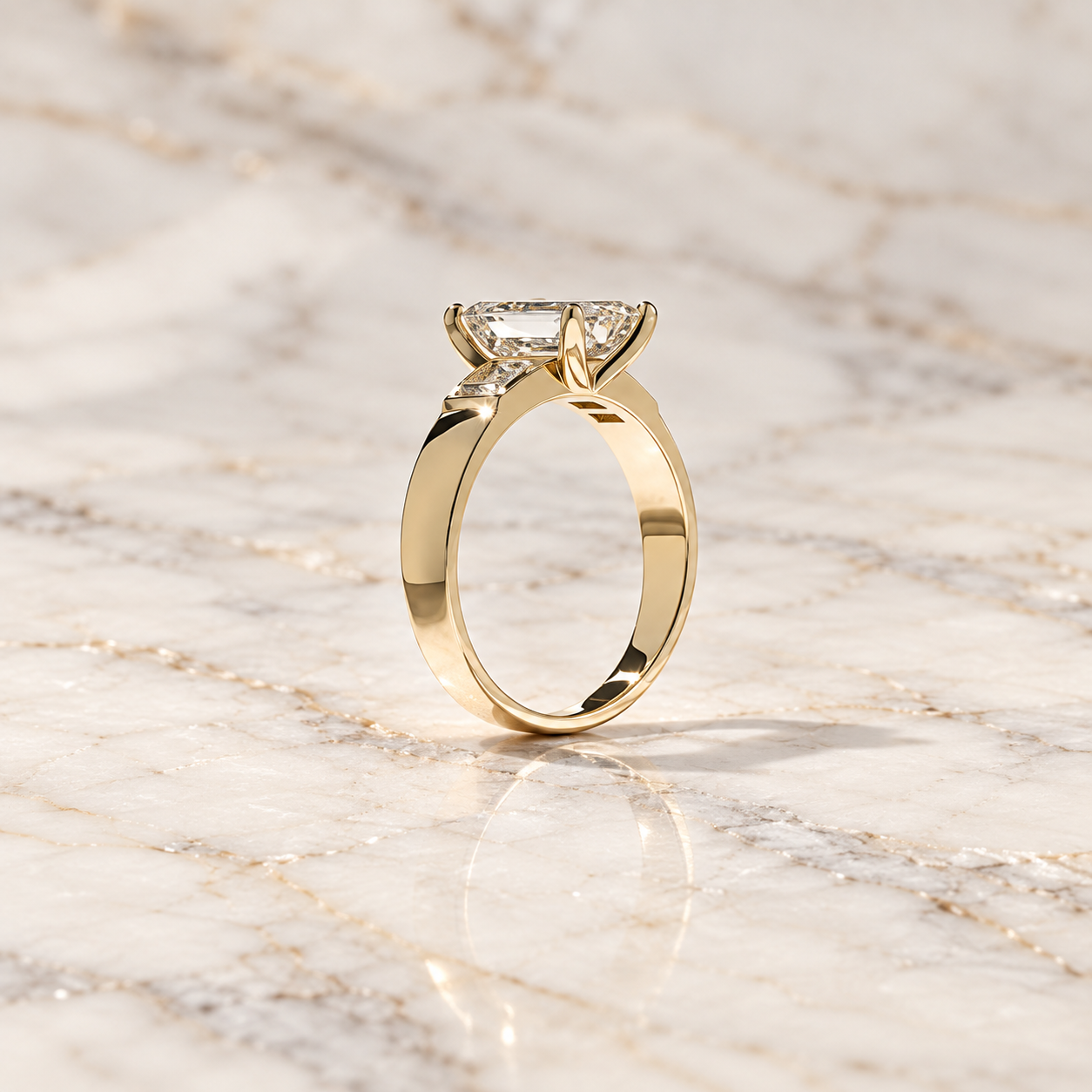 Emerald Cut Lab Grown Diamond Engagement Ring, Baguette Side Stones, 14K Yellow Gold Tapered Band